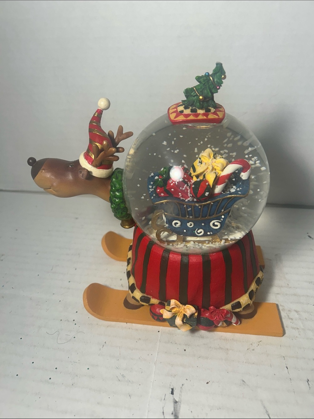 Reindeer Snow Globe Holiday Ornament - Red, Green, Gold